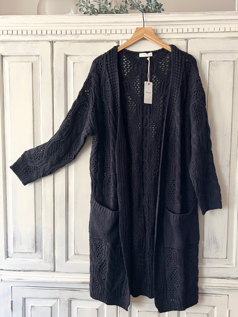 🟠NWT OLIVE SCENT Open Front Crochet Cardigan w/Pockets in Dark Navy M/L